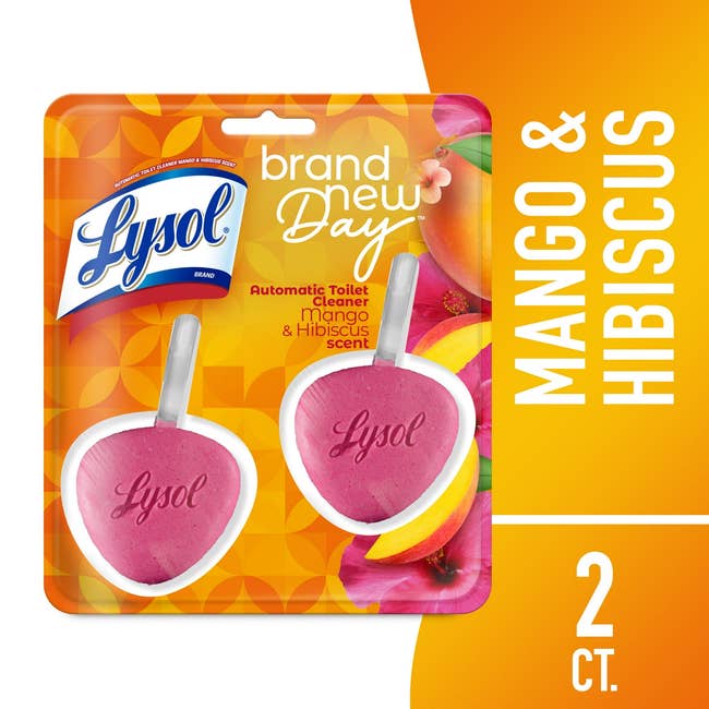 Lysol Brand New Day Toilet Cleaner in mango and hibiscus scent packaging with two heart-shaped cleaners shown
