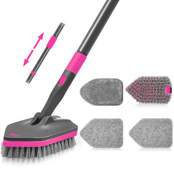 Adjustable cleaning brush with interchangeable bristle and scrub pad heads, designed for versatile home cleaning tasks