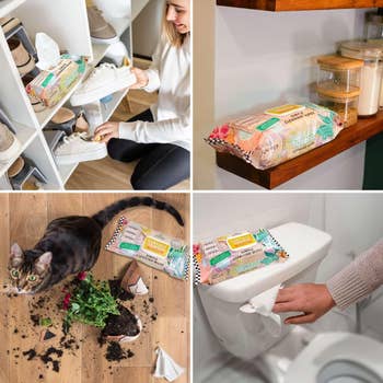Collage of cleaning wipes used to tidy shoes, clean counters, fix spilled plant soil, and sanitize a toilet tank top