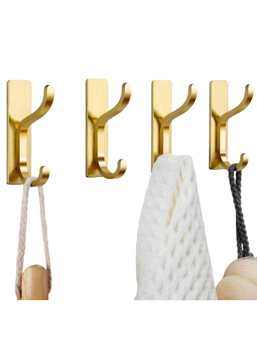 Pickpiff Adhesive Wall Coat Hooks - Heavy Duty Stick-On Door Hanger, Metal Hook for Hanging Towel,purse, Robe, Backpack, Jacket, Clothes - for Bathroom,dorm, Closet, Kitchen - Gold, 4 Pack