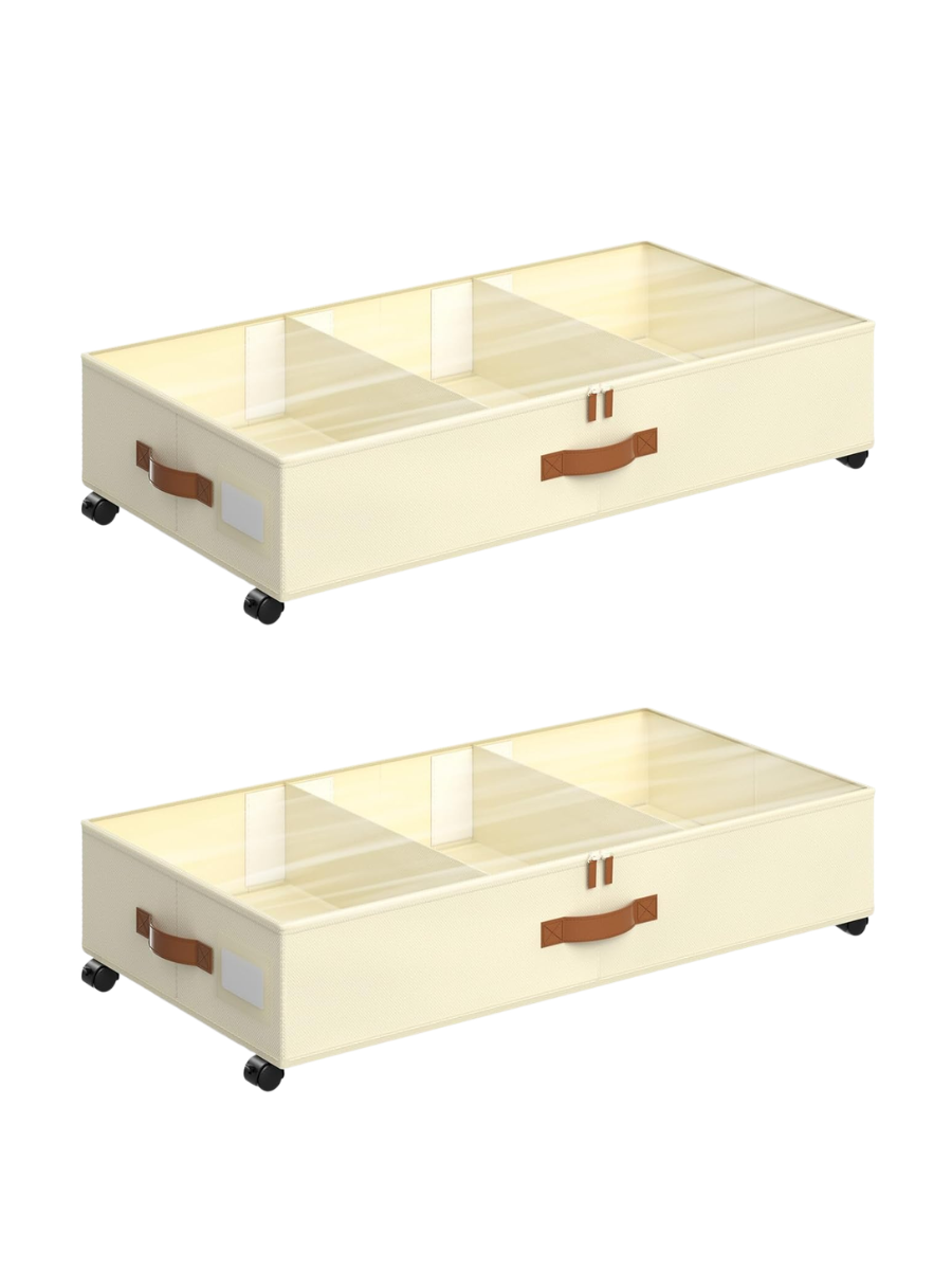 Yecaye Under Bed Storage With Wheels, 2pack Under Bed Storage Containers With Adjustable Dividers & Clear Lid, Rolling Underbed Organizer Bins Drawers for Clothes, Shoes, Blankets(33.3 X 16.5 X 6.7in)