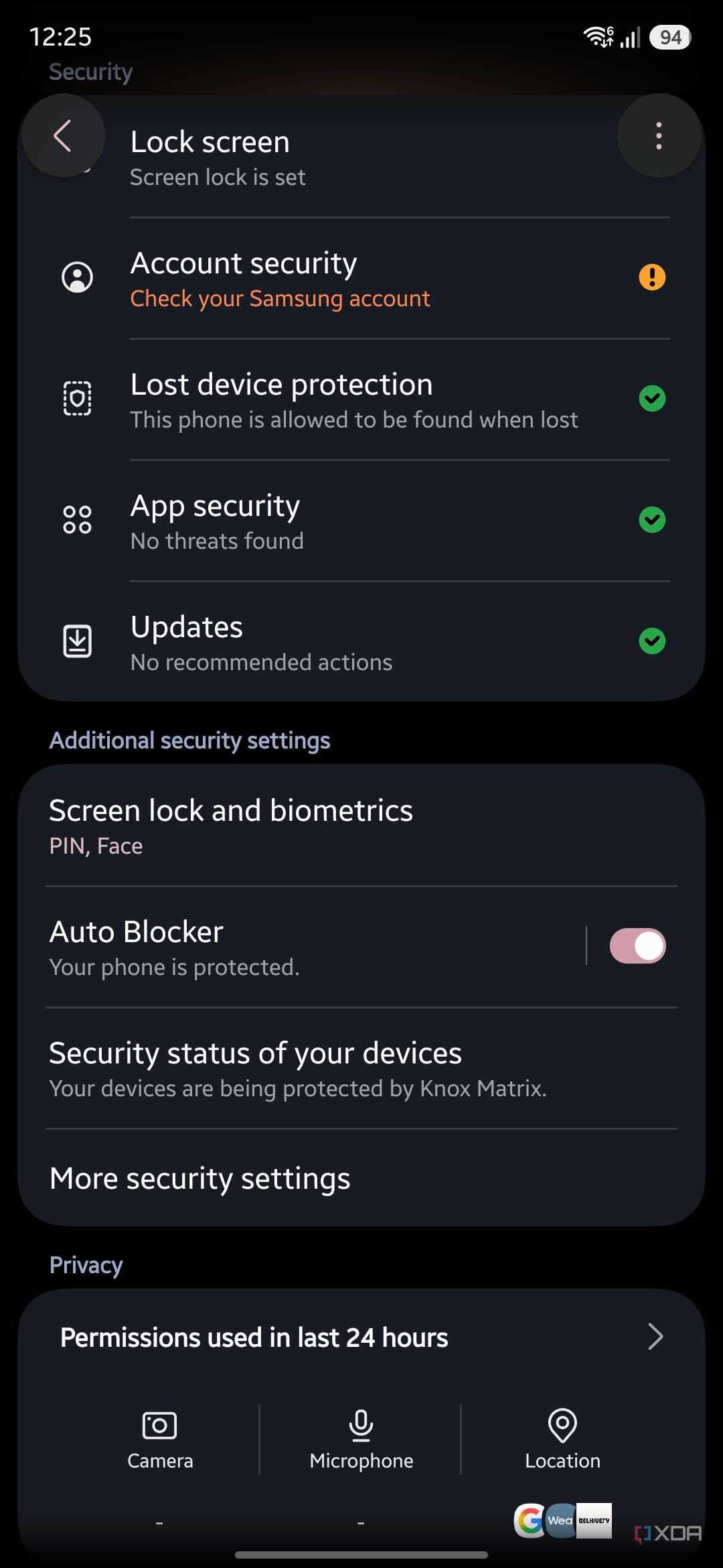 Samsung Security settings page with Auto Blocker toggled on under Additional security settings