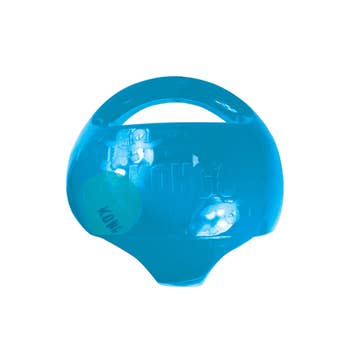 Blue dog toy with handle and embossed logo, designed for fetching and playing