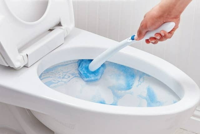 Person using toilet brush to clean toilet bowl