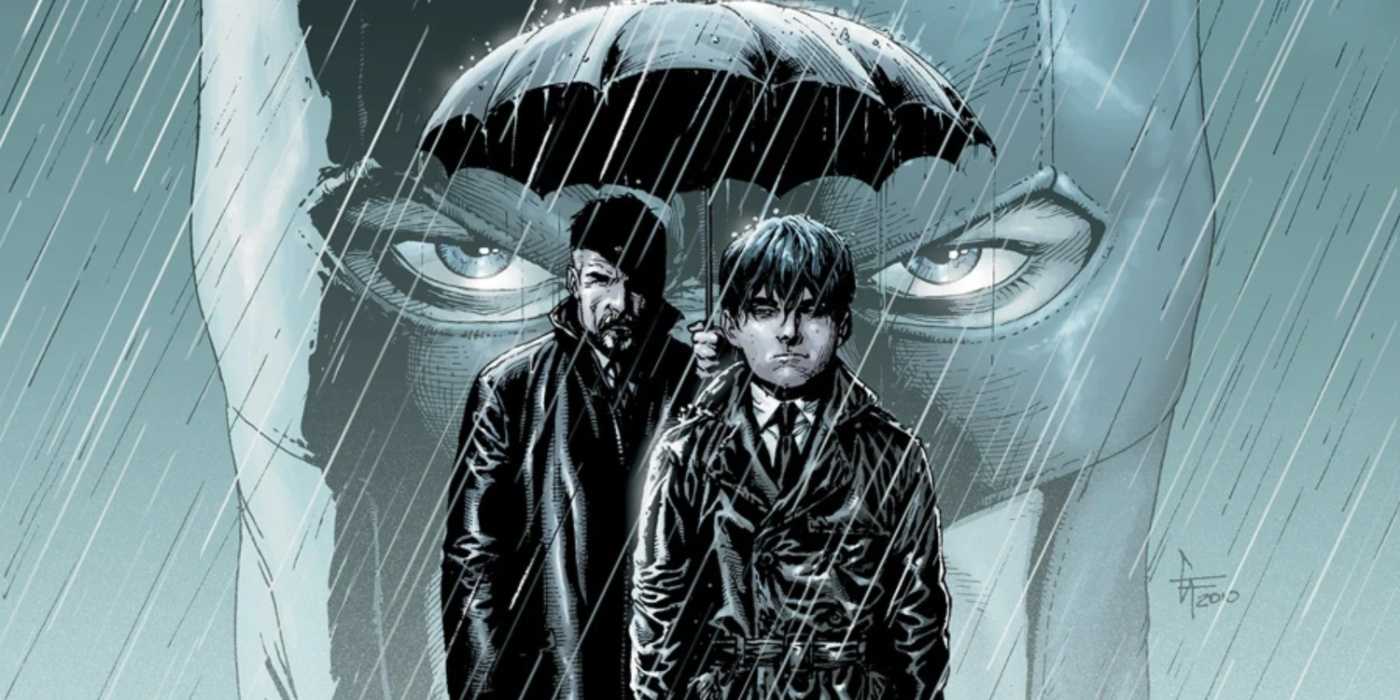 Bruce Wayne and Alfred Pennyworth at Thomas and Martha's graves as Batman glares in the background.