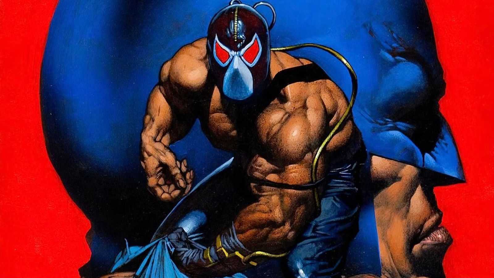 A victorious Bane stands over beaten cops in front of Batman’s face