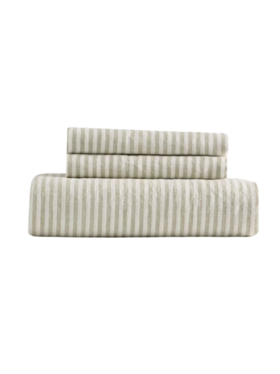 European Linen Fitted Sheet Set in Willowleaf/white Stripe