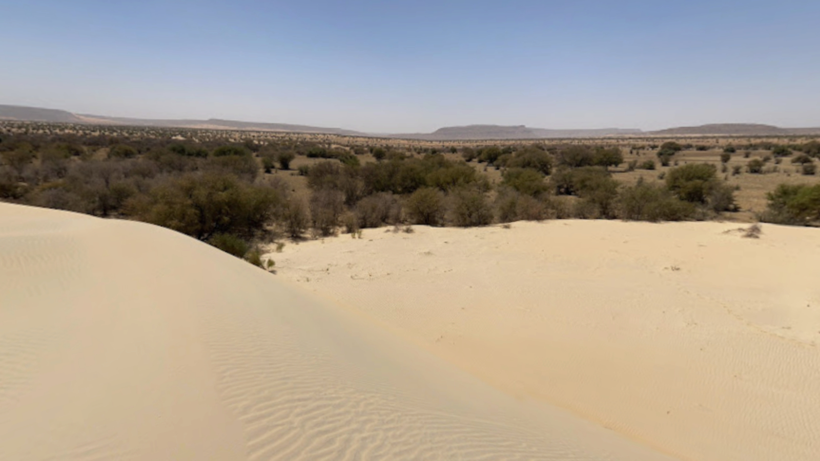 The three mesas in the astronaut photo sit alongside a fourth mesa (the one on the left) that is not included in the aerial image. This photo shows all four from the west of the mesas, from beyond the dune-free zone they have created. Credit: Google Maps/Street View