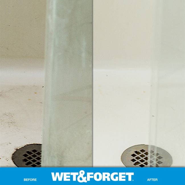a before and after of someone who used the product on their shower
