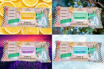 Packaging variations of Juniper cleaning wipes with text highlighting