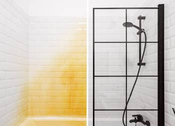 Split-image showing a dirty shower with orange stains on the left and a clean, restored shower on the right. Text: