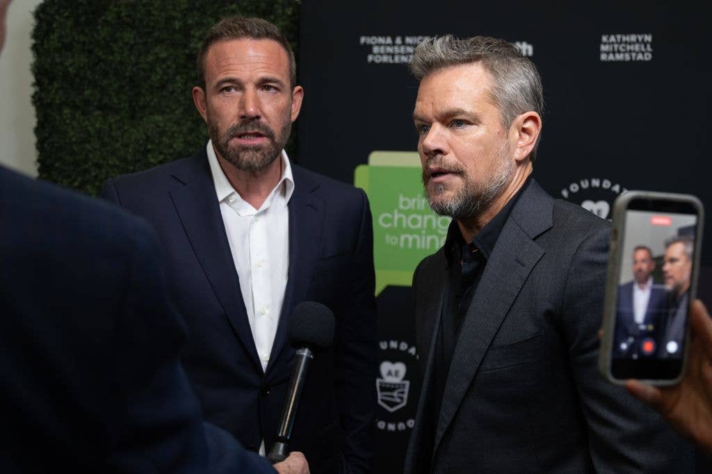 Ben Affleck and Matt Damon give an interview at Bring Change to Mind Revels And Revelations Celebration at Fort Mason Center for Arts & Culture on April 27, 2026 in San Francisco, California. (Photo by Miikka Skaffari/Getty Images)