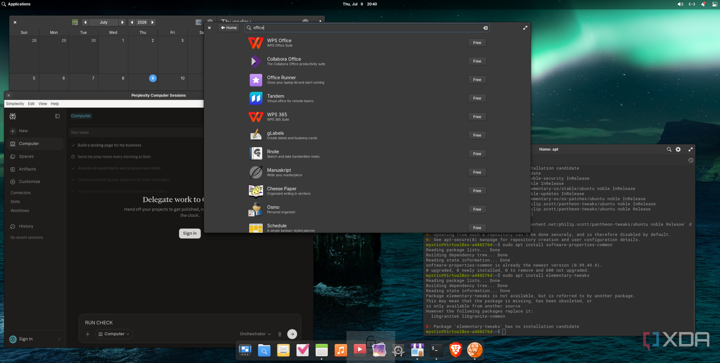 shows Elementary OS with app windows open