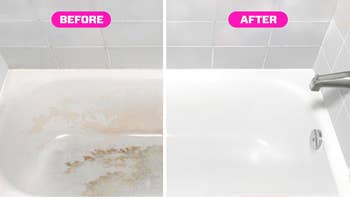 Before-and-after of a tub cleaned using the Mr. Clean MagicEraser Shower & Tub Scrubber, with text emphasizing its efficacy on soap scum