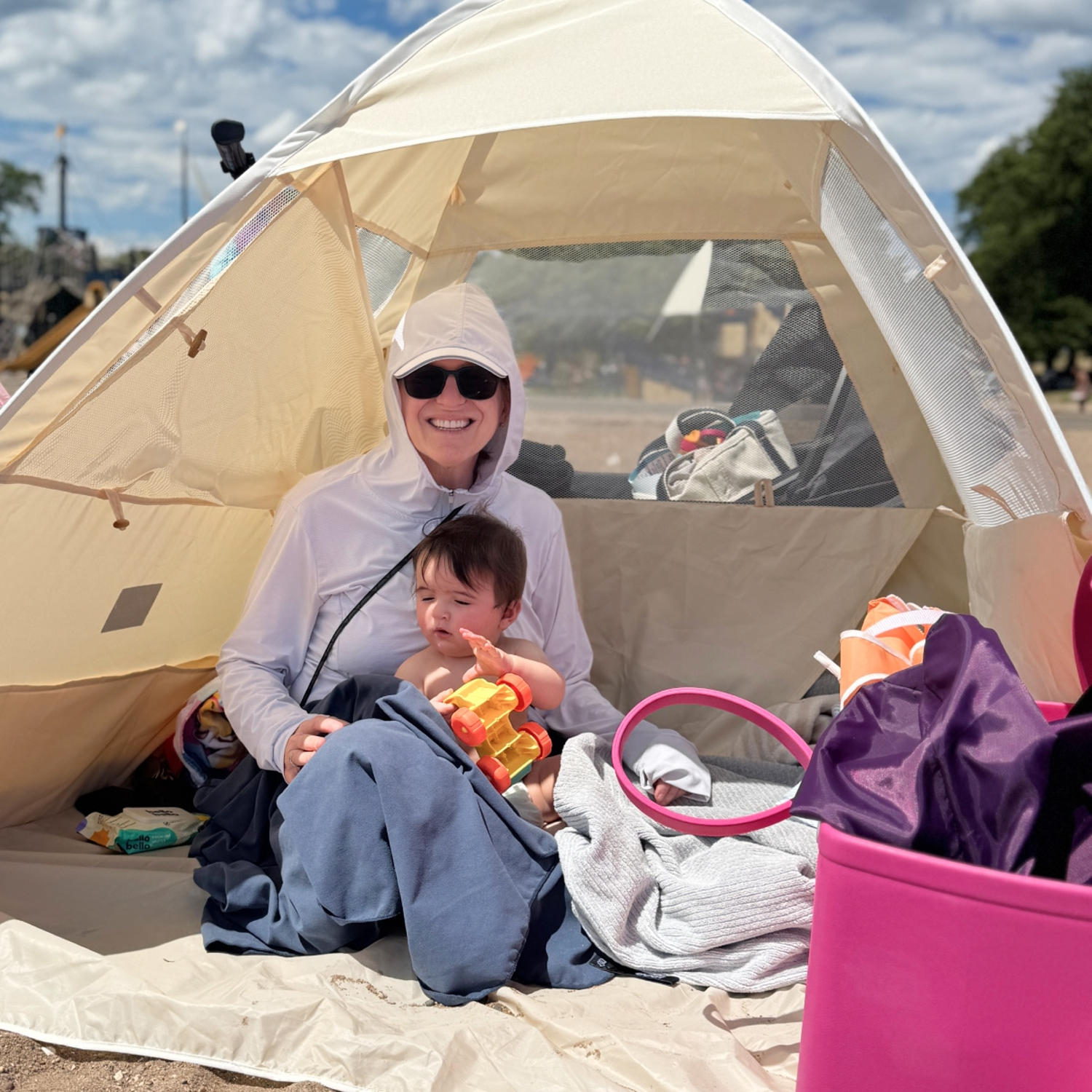 Lozi & Gabe's pop-up tent is big enough for the whole crew, plus every bag we brought along. (Courtesy Becca Delman)