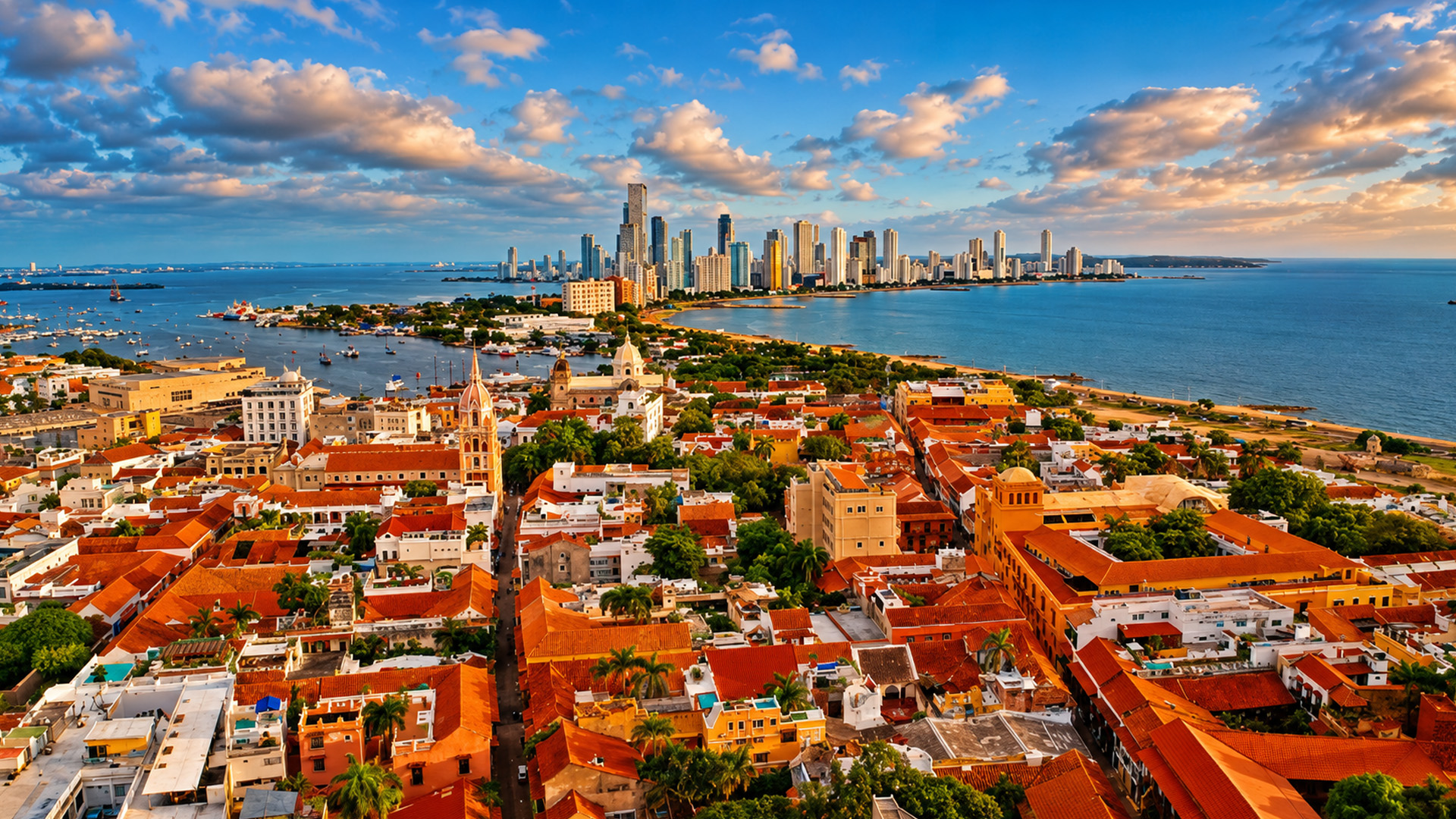 Cartagena’s colonial buildings beside the Caribbean Sea