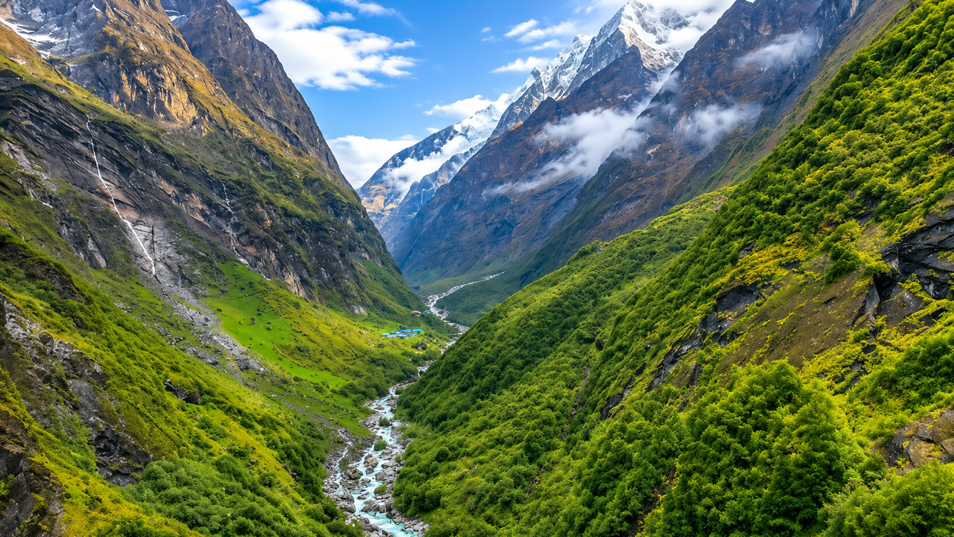 Annapurna peaks rising above deep mountain valleys