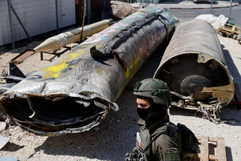 The remains of a Kheibar Shekan missile displayed by Israel's military in 2024, days after an Iranian attack.