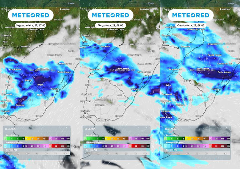Previsão de nebulosidade e chuva na segunda-feira, terça-feira e quarta-feira mostram a formação de tempestades sobre o Rio Grande do Sul, que podem resultar em grandes transtornos.