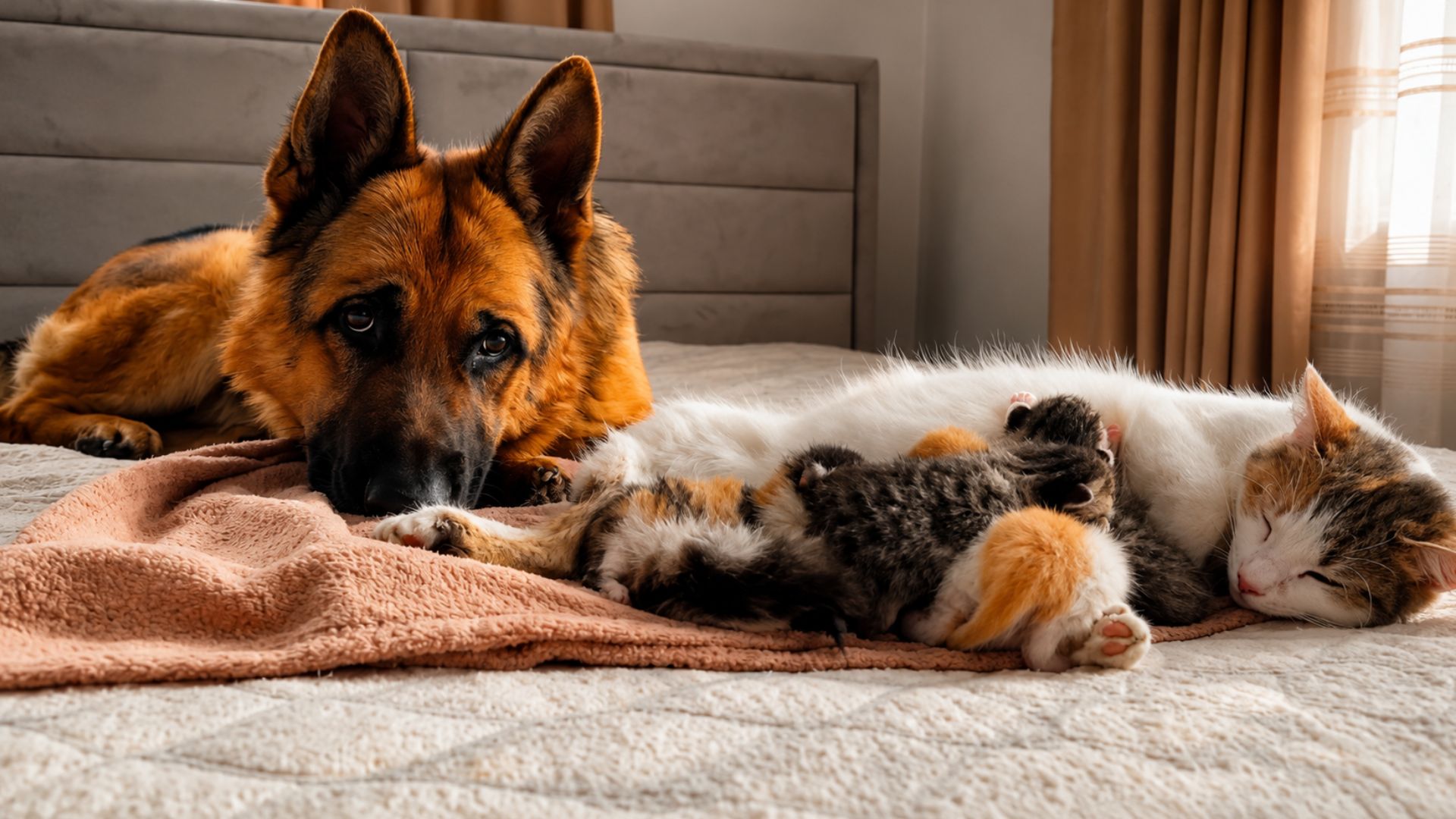 German shepherd watches over mother cat and kittens