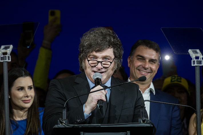 Javier Milei discursou por cerca de 30 minutos no lançamento da candidatura de Flávio Bolsonaro, neste sábado, 25 Foto: Taba Benedicto/Estadão
