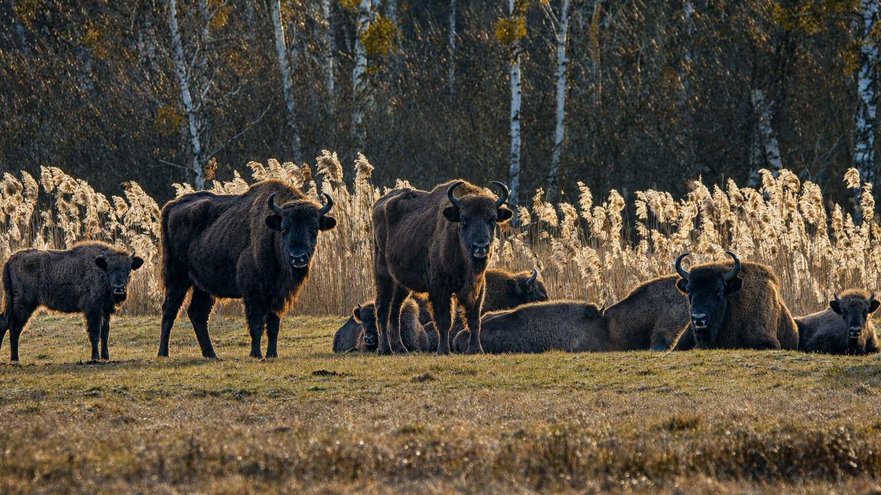 European bison herd resting before a wildlife camera