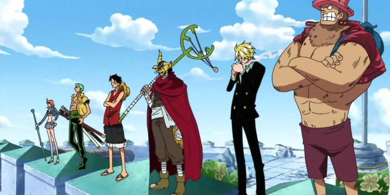 The Straw Hats standing atop ramparts at Enies Lobby in One Piece