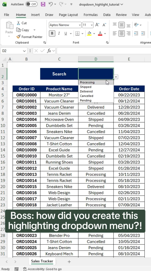 Automatically highlight rows in Excel with dropdowns