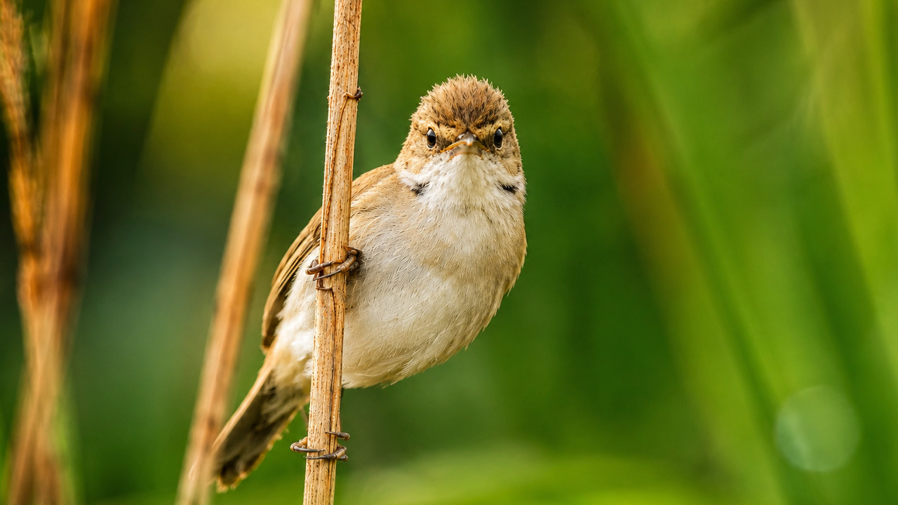 Tiny reed bird faces a wildlife camera up close