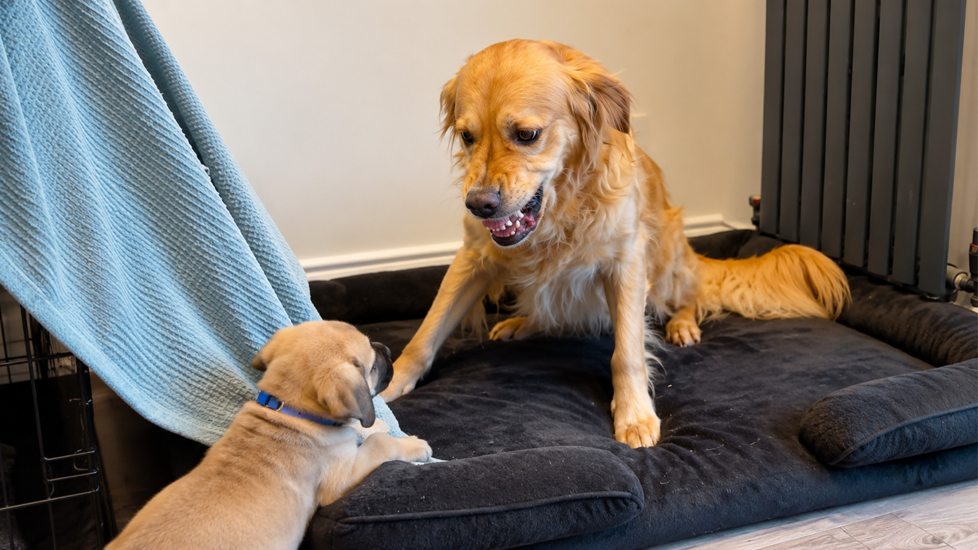 Rescue puppies spend their first month with golden retriever
