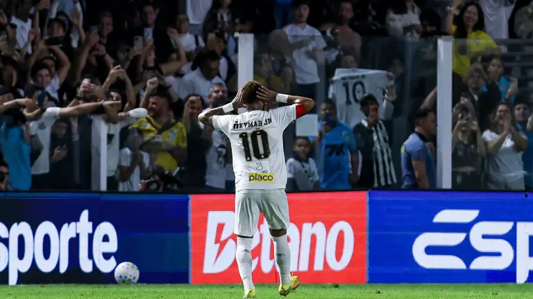 Neymar Junior of Santos celebrates after scoring against Chapecoense.
