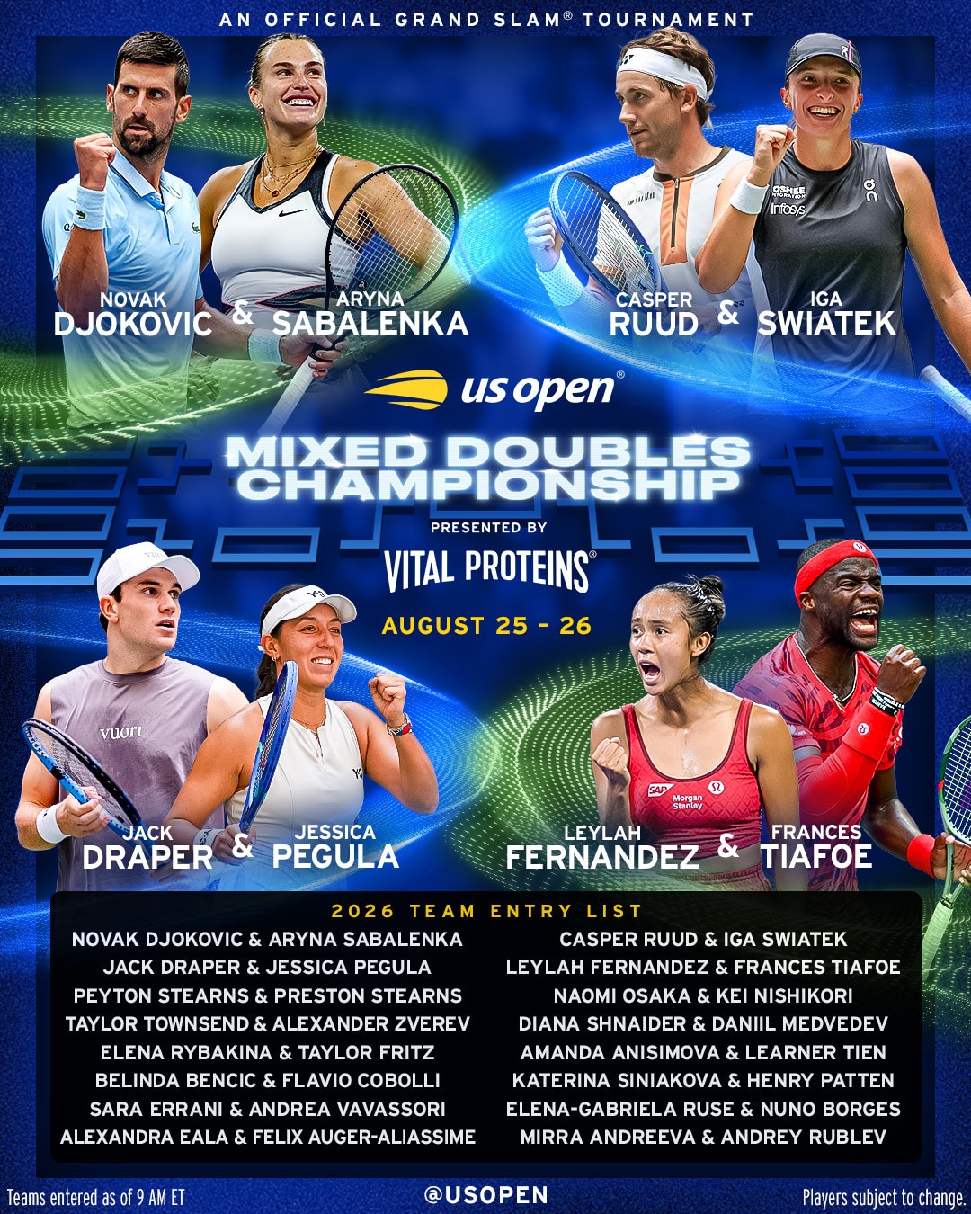 Novak Djokovic y Aryna Sabalenka se unen para una campaña estelar en el US Open 2026.