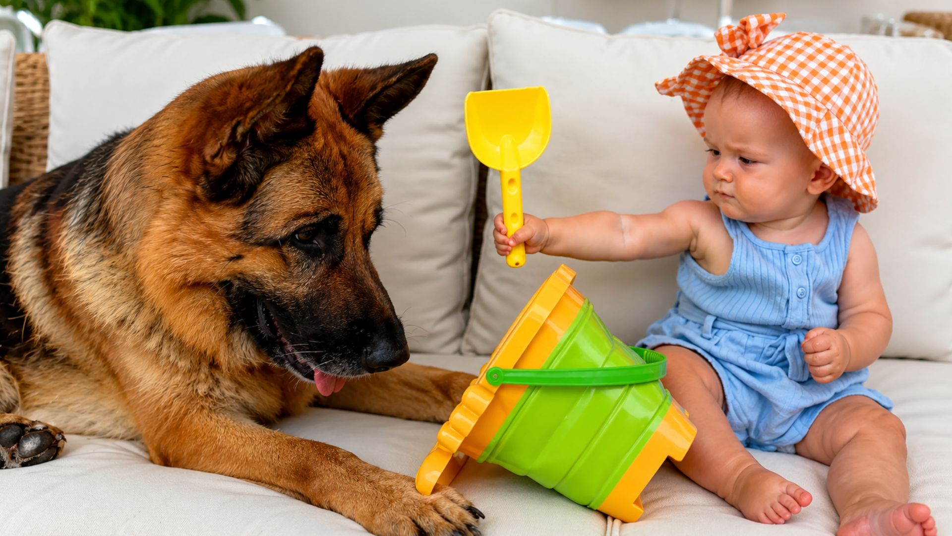 German shepherd watches baby share her toys