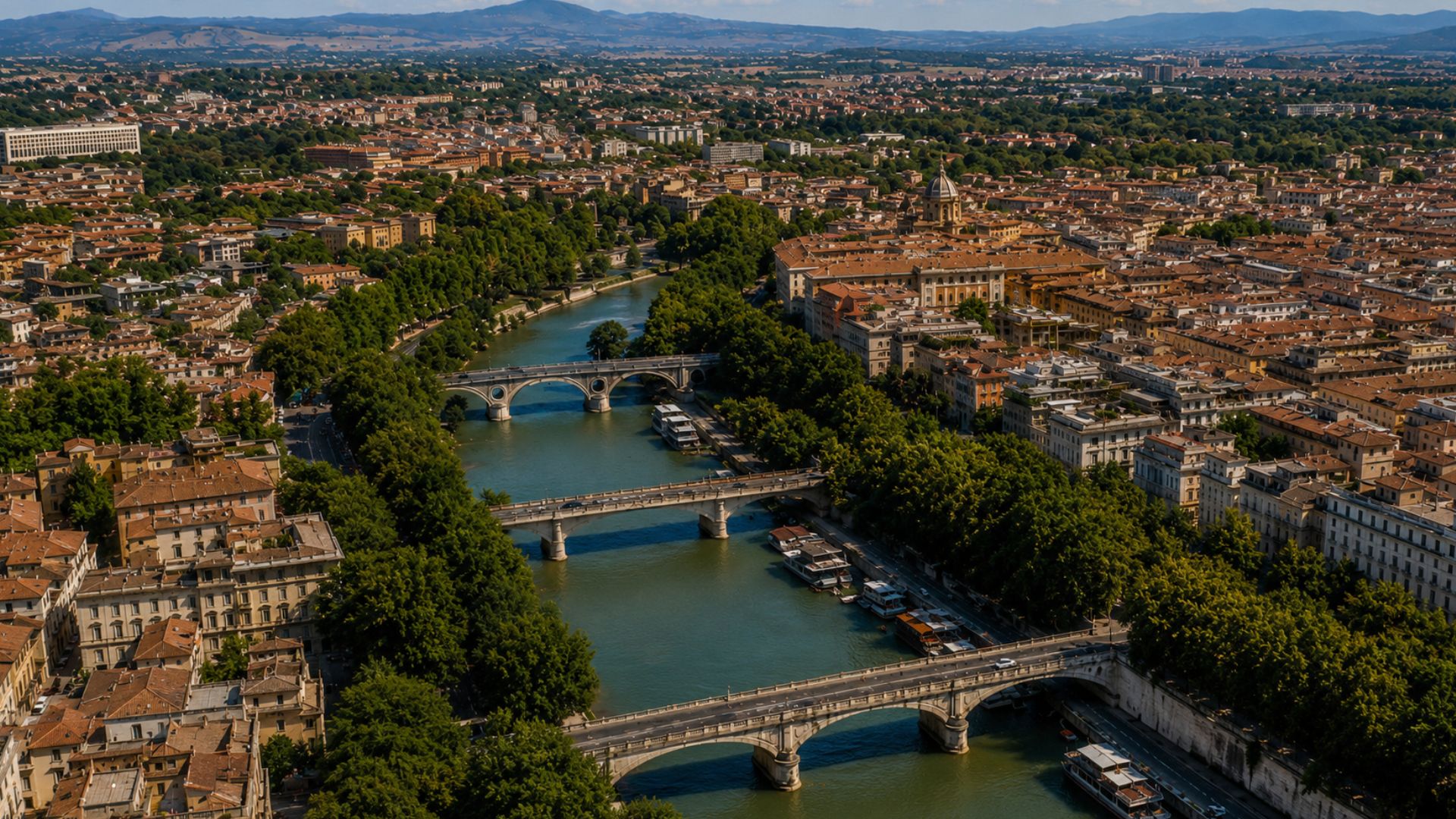 Aerial view of Rome along the Tiber River