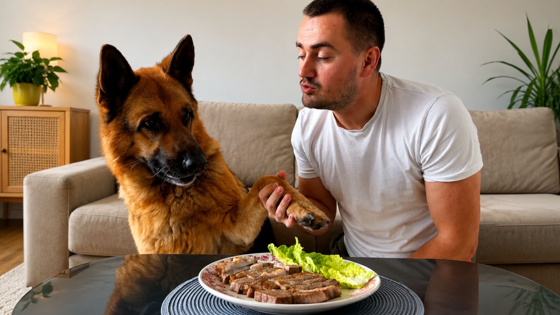 Can this German shepherd resist a steak?