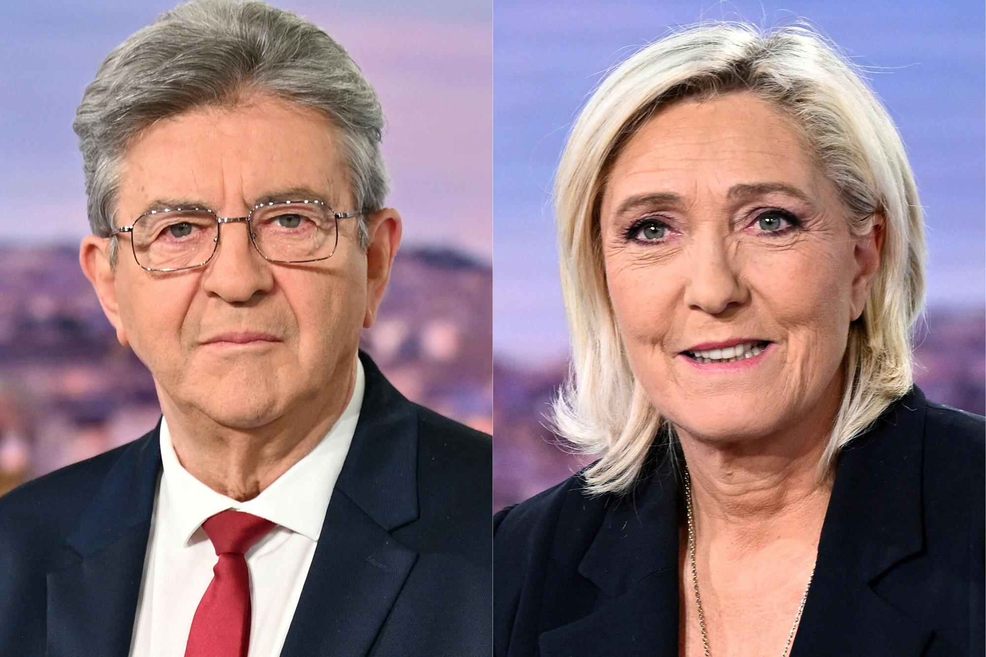 Le leader de La France Insoumise (LFI) Jean-Luc Mélenchon et la présidente des députés du Rassemblement national Marine Le Pen. / AFP