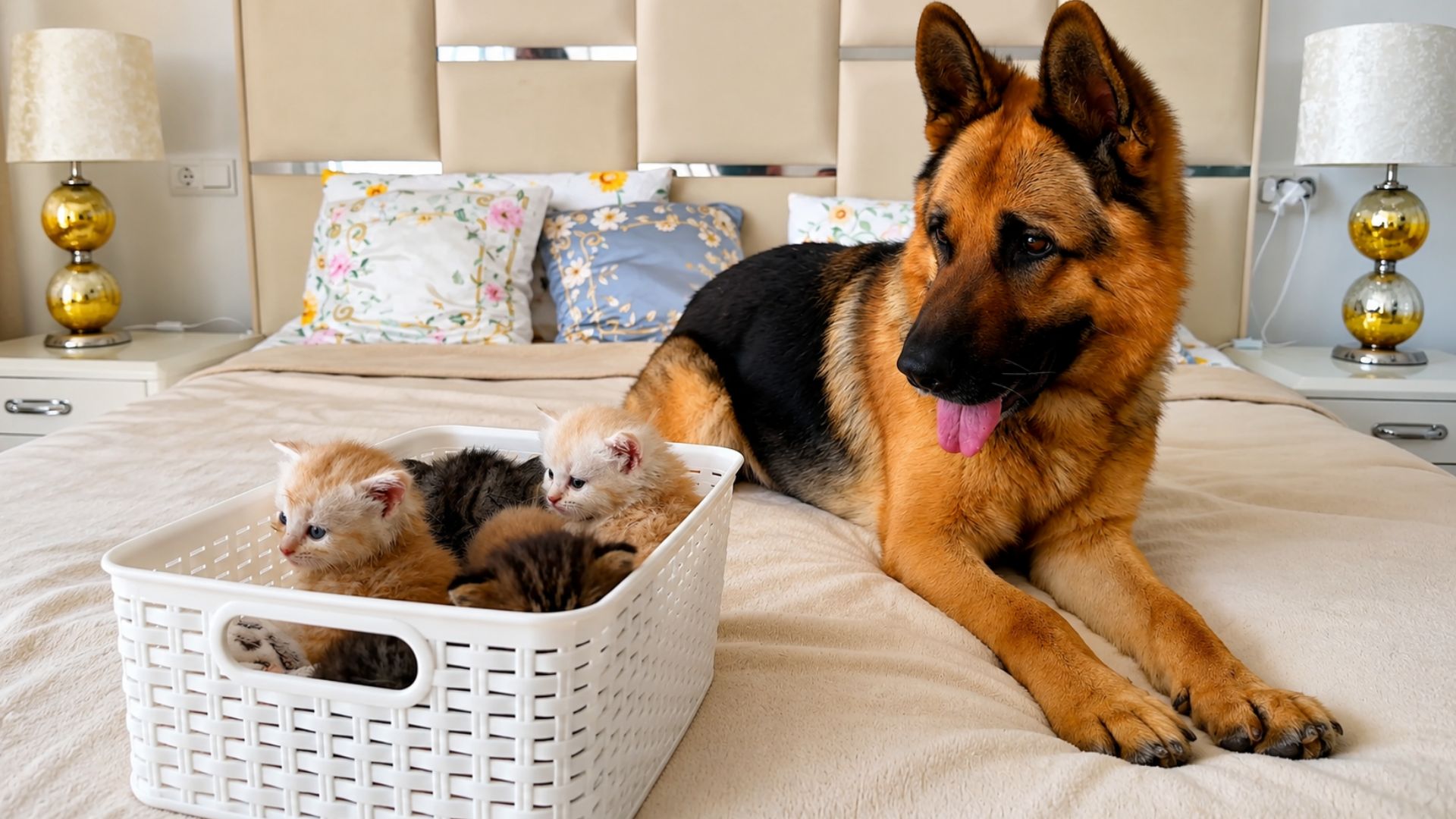 German shepherd shows gentle care for kittens