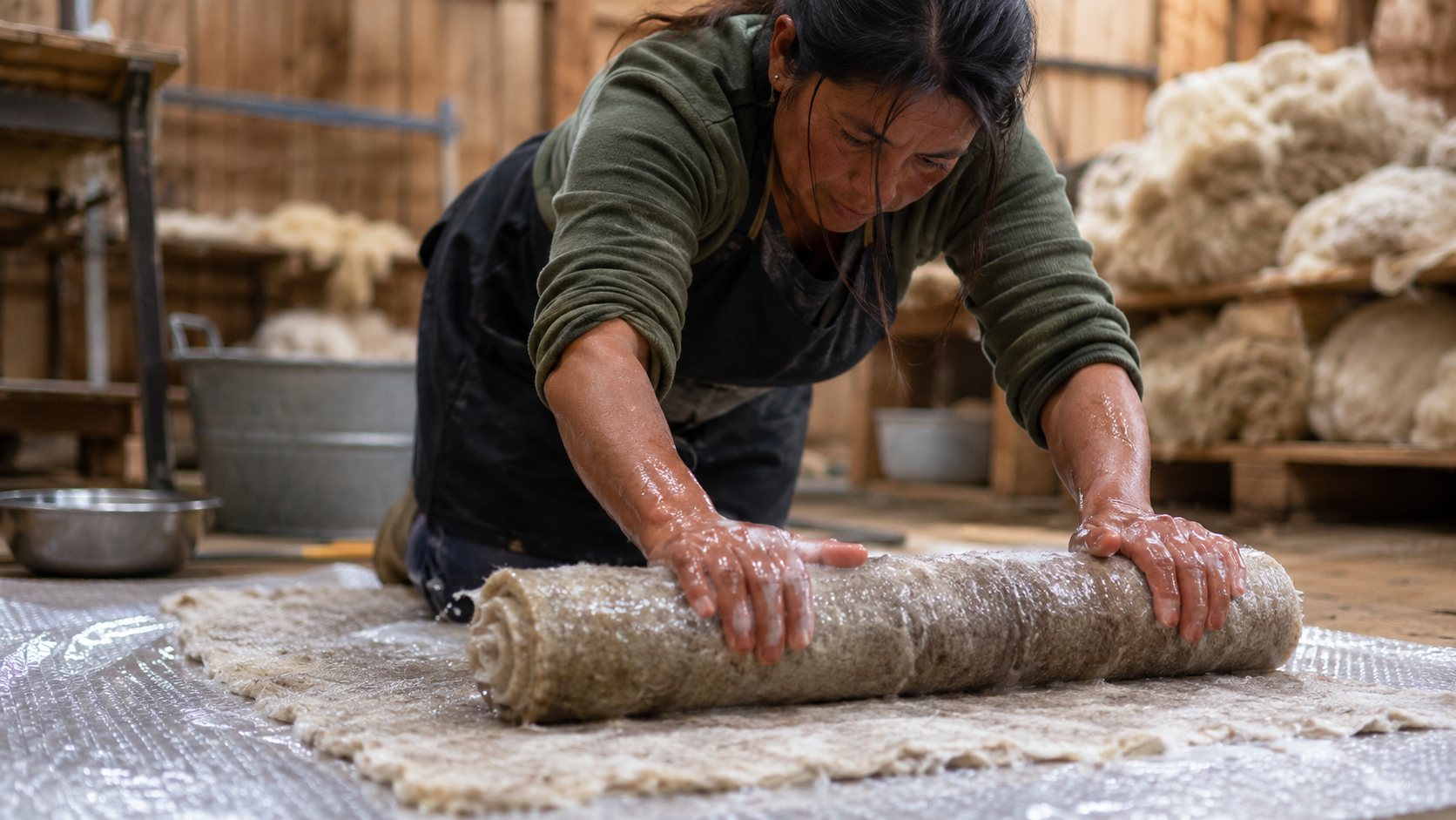 Wet felting turns alpaca fleece into real fabric