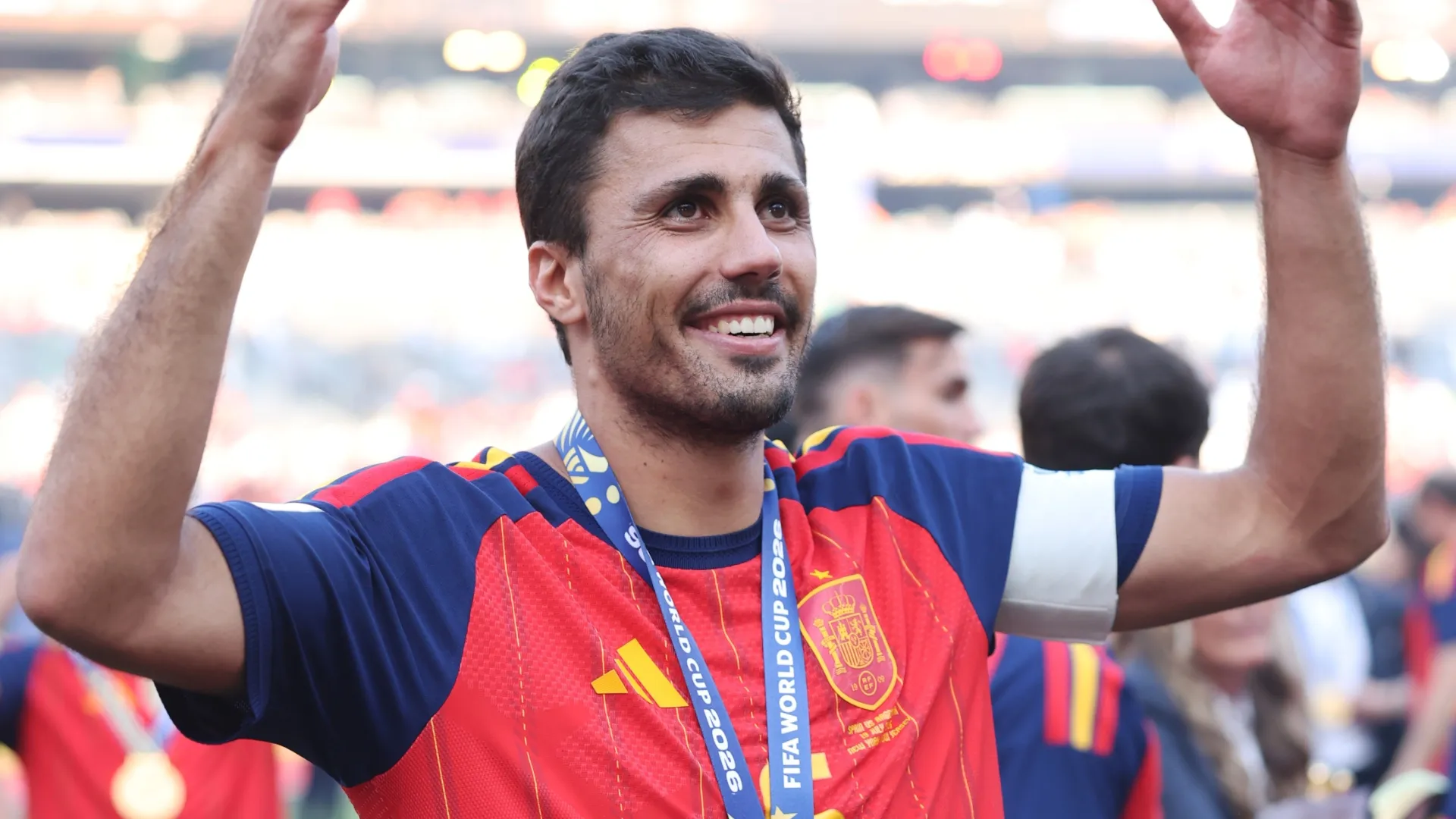 Rodri #16 of Spain celebrates with his medal after the team’s victory following the FIFA World Cup 2026.
