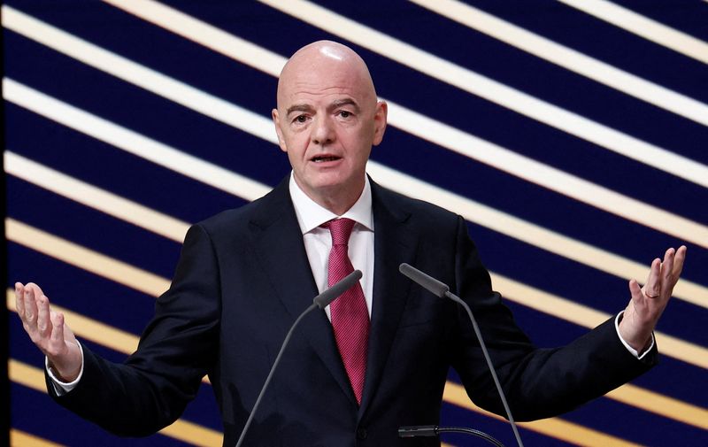 FILE PHOTO: Soccer Football - 50th Ordinary UEFA Congress - Brussels Expo, Brussels, Belgium - February 12, 2026 FIFA president Gianni Infantino speaks during the event REUTERS/Benoit Tessier/File Photo