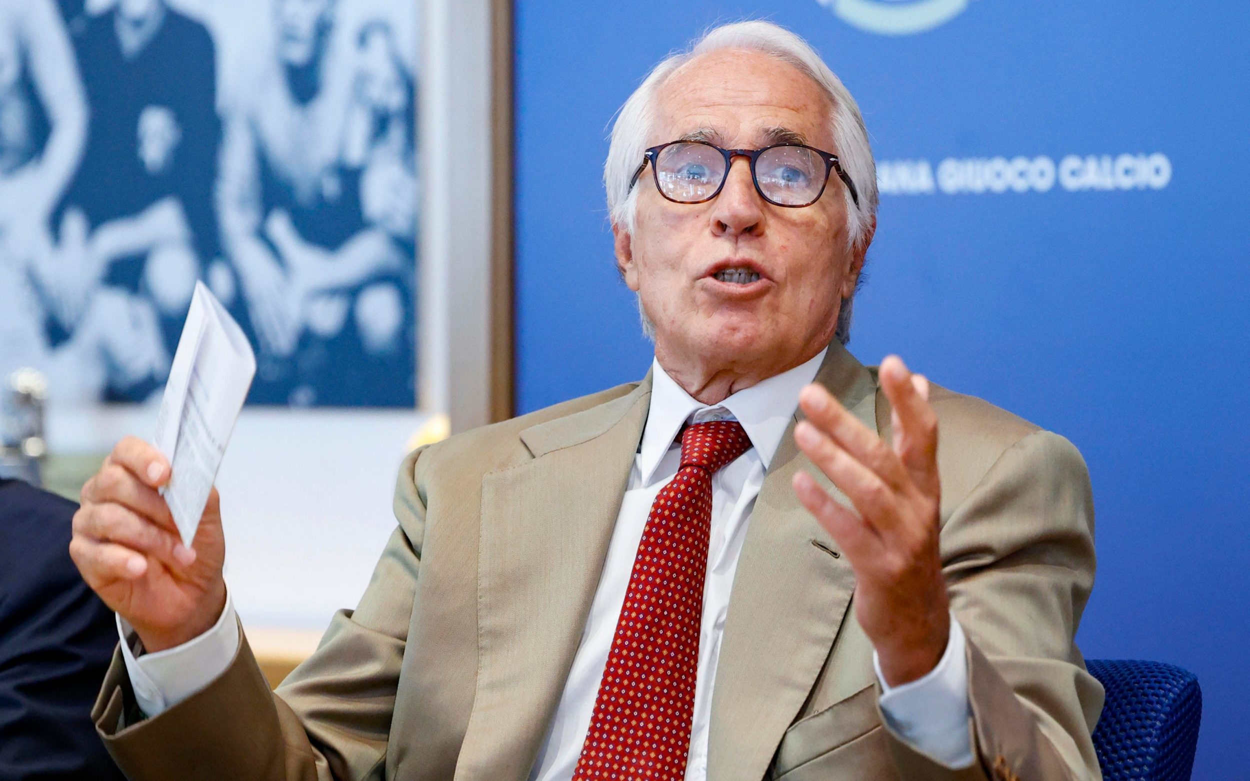 Giovanni Malago, president of the Italian Football Federation, addresses the media during a press conference on Tuesday - Fabio Frustaci/Shutterstock