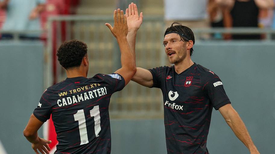 Jul 25, 2026; Tampa, Florida, USA; Wrexham forward Kieffer Moore (19) celebrates with forward Bailey-Tye Cadamarteri (11) after scoring a goal against Leeds United in the first half during a club friendly at Raymond James Stadium. Mandatory Credit: Nathan Ray Seebeck-Imagn Images | IMAGN IMAGES via Reuters Connect