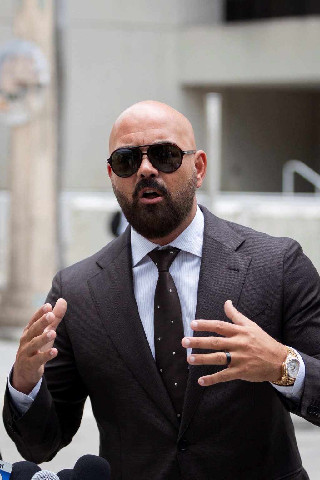 The Tate brothers’ lawyer Joseph McBride speaking to the media outside of C. Clyde Atkins US Courthouse in Miami on July 27, 2026. REUTERS