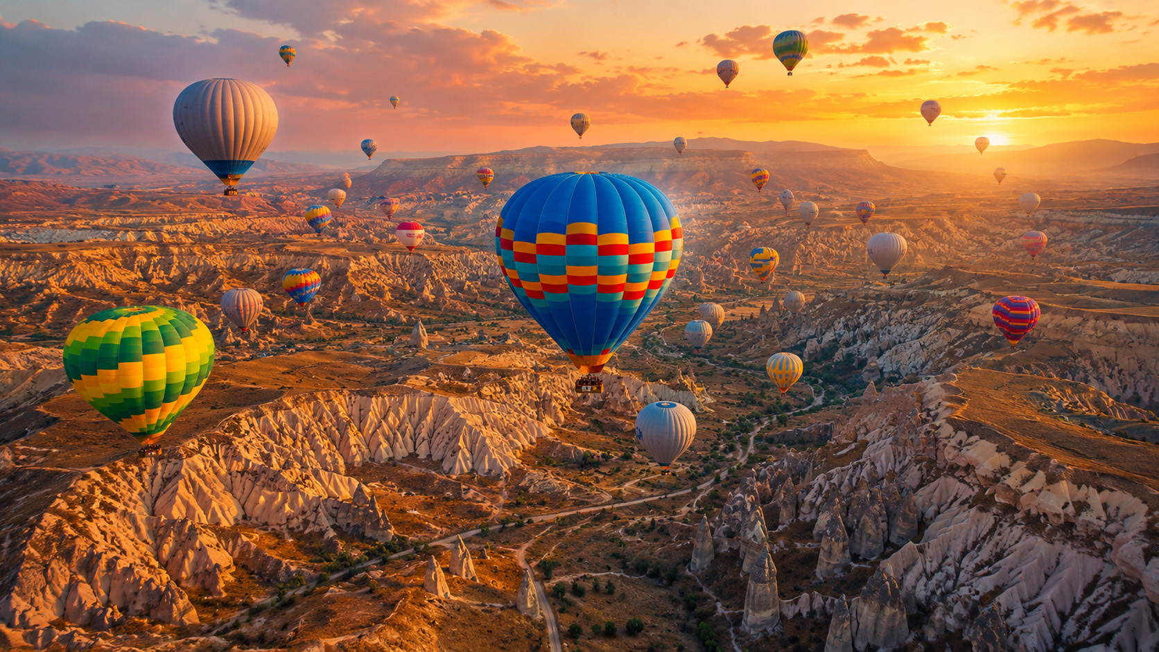 Rose Valley filled with hot air balloons in Cappadocia