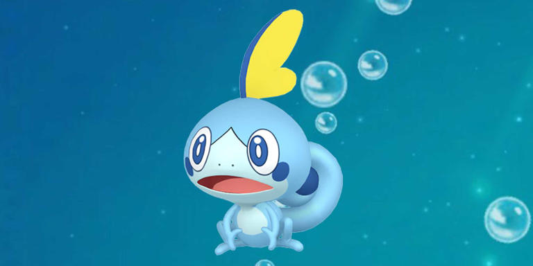 Sobble on a watery background in Pokemon GO