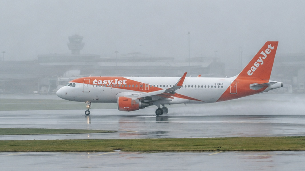 A380 flies through heavy rain at Manchester