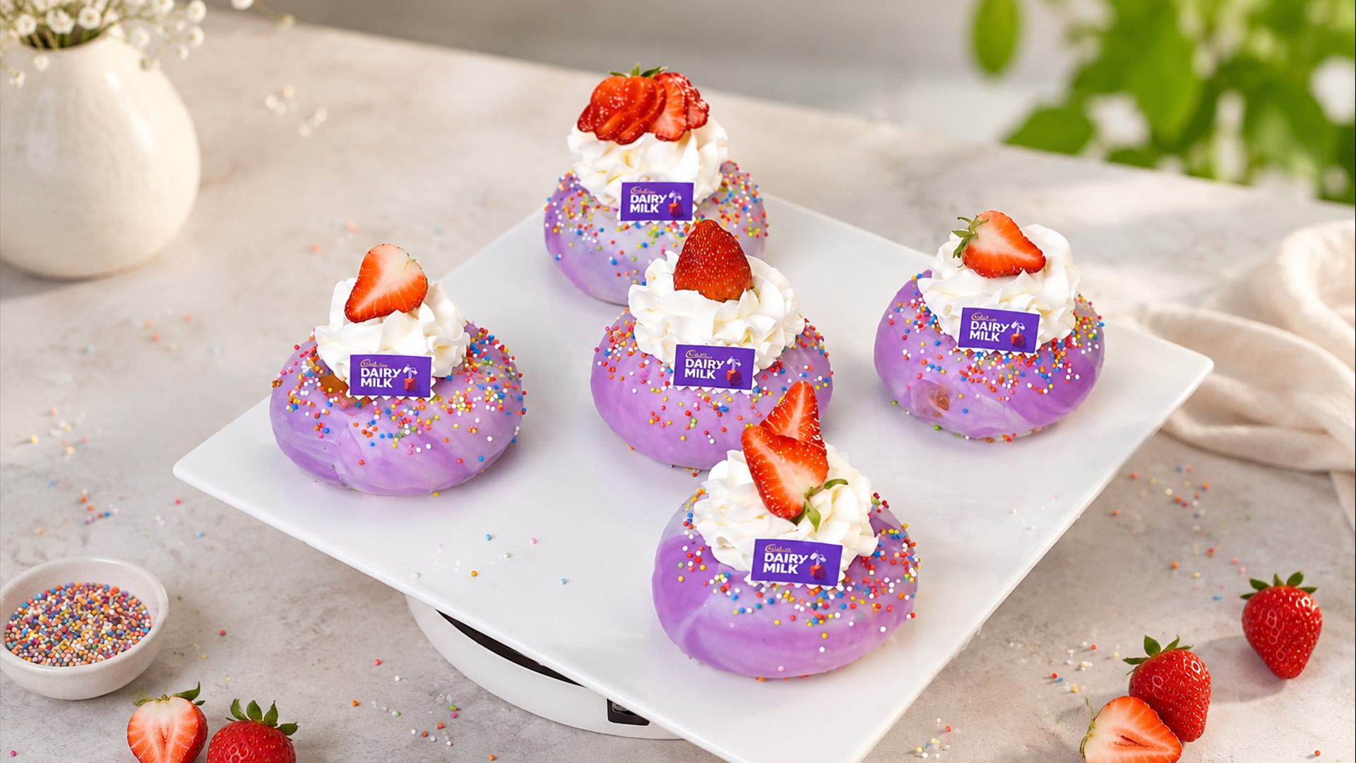 Purple chocolate donuts with fresh strawberry topping