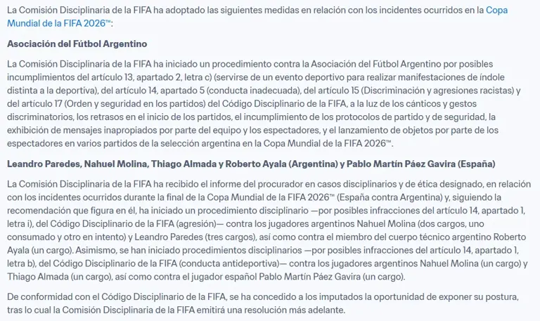 Esto publicó la FIFA en su sitio oficial.