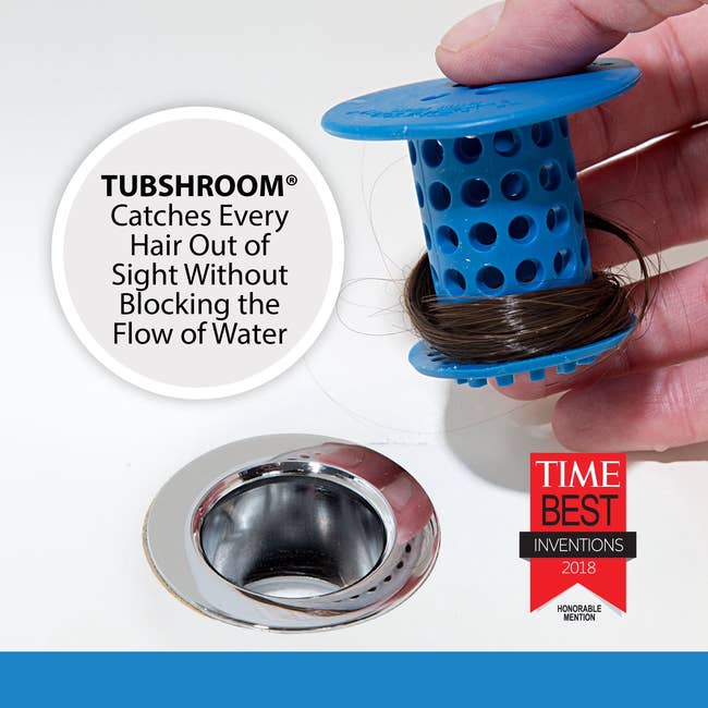 TubShroom drain protector held with captured hair, showcasing its function to prevent clogs without blocking water flow; awarded in 2018