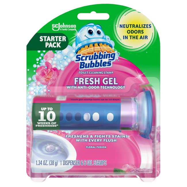 Scrubbing Bubbles Fresh Gel starter pack with dispenser and gel stamps, promises up to 10 weeks of freshness and odor neutralization for toilets